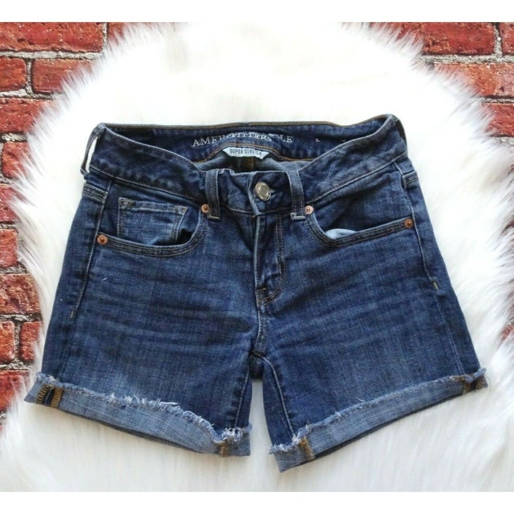American Eagle Outfitters Midi Denim Shorts Super Stretch Raw Hem Distressed 0